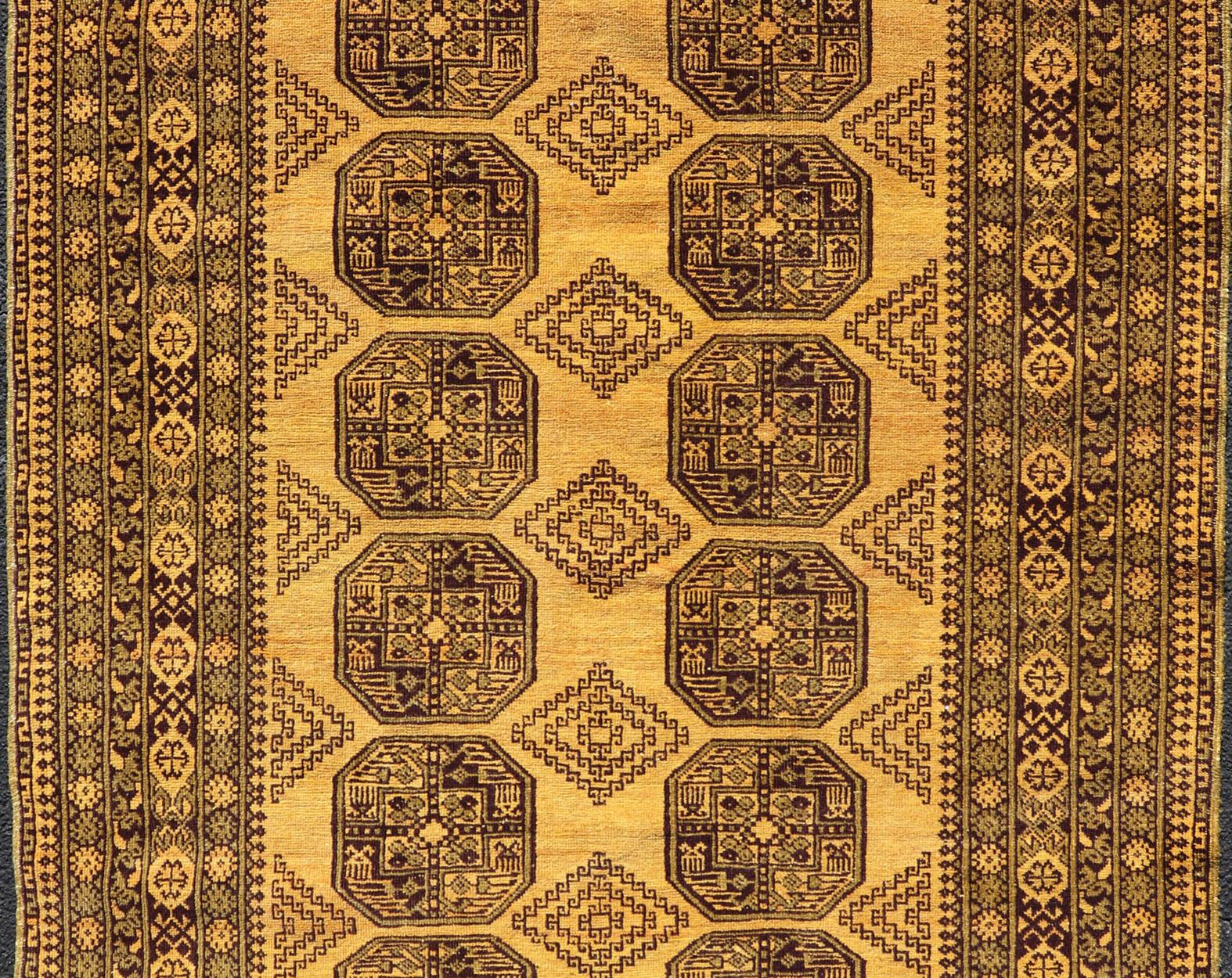 Turkestan Hand-Knotted Ersari Rug in Wool with Gul Design in Green, Marigold and Brown For Sale