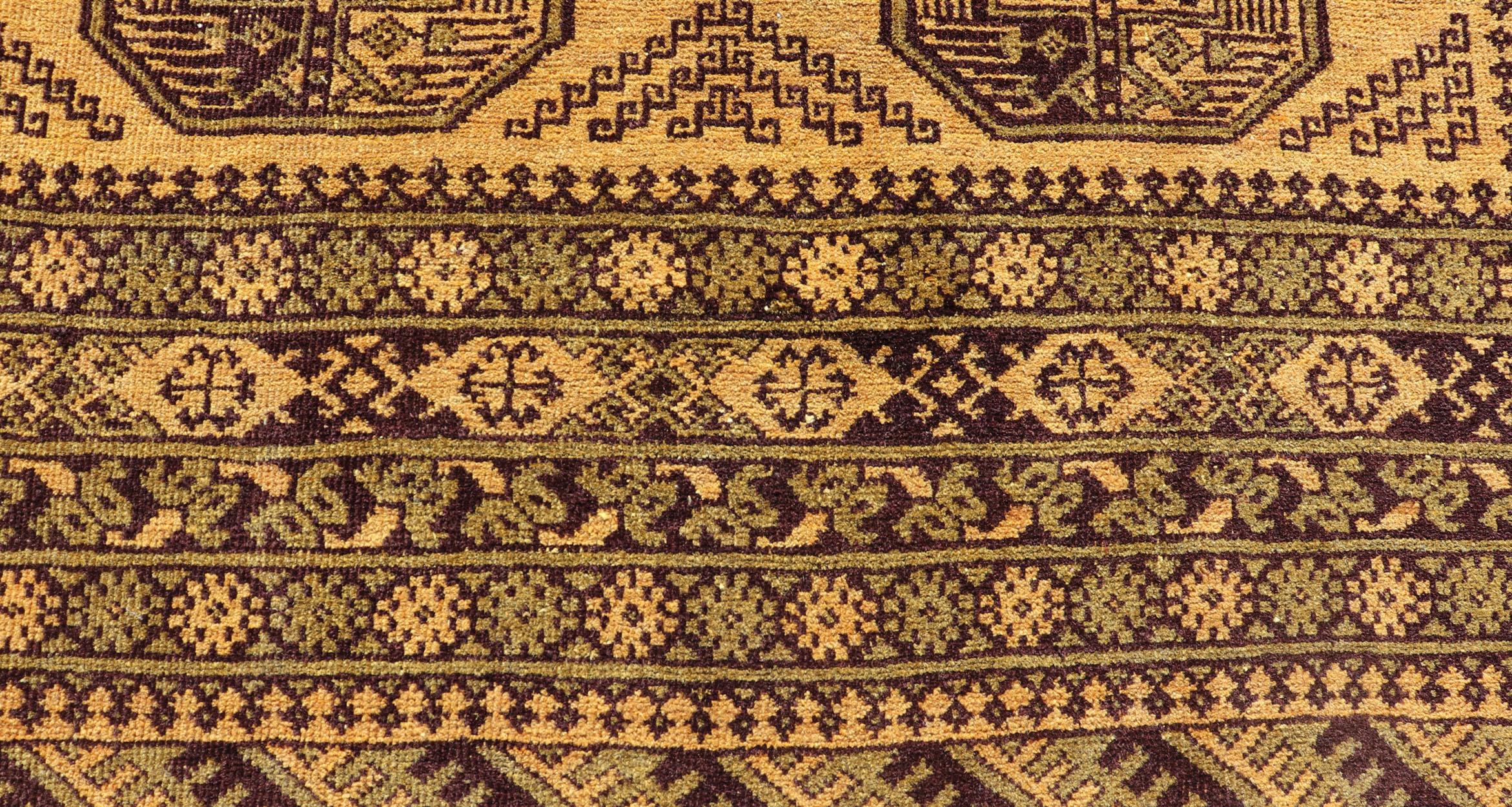 Hand-Knotted Ersari Rug in Wool with Gul Design in Green, Marigold and Brown In Good Condition For Sale In Atlanta, GA
