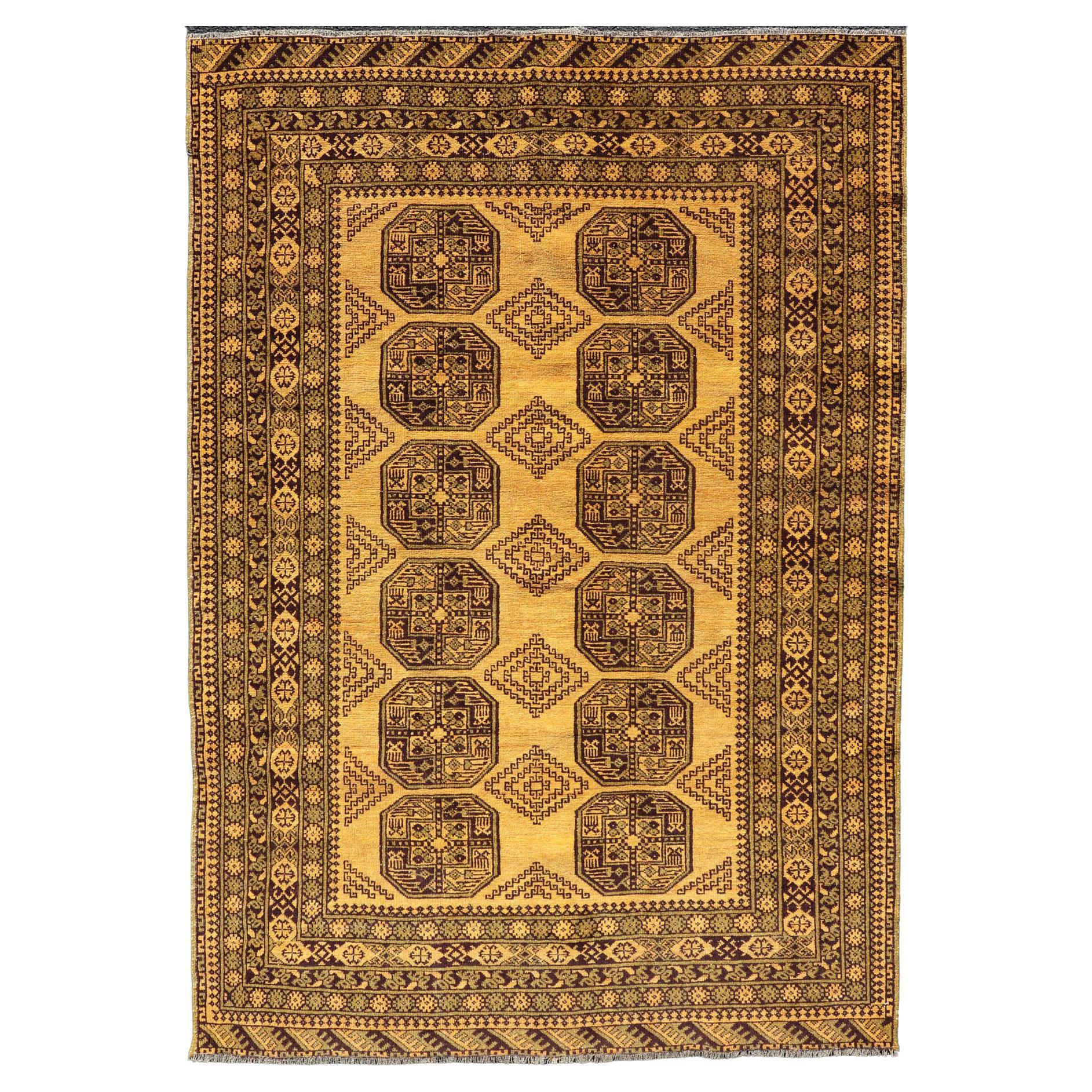 Hand-Knotted Ersari Rug in Wool with Gul Design in Green, Marigold and Brown For Sale
