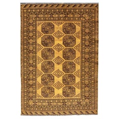 Antique Hand-Knotted Ersari Rug in Wool with Gul Design in Green, Marigold and Brown