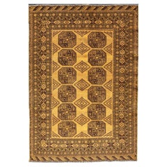 Tapis Ersari noué à la main en laine avec motif de Gul en vert, or et marron