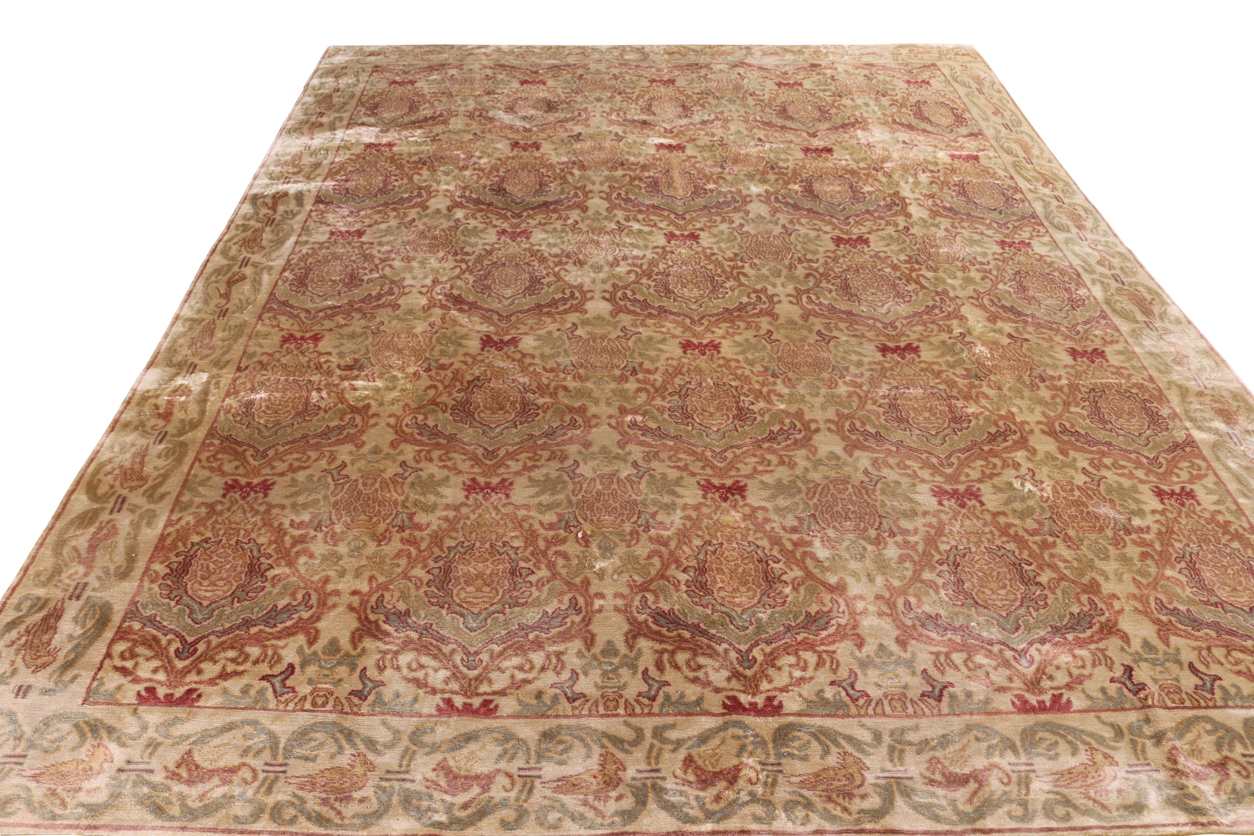 Art Deco Hand Knotted European-Style Rug Beige Pink and Green Silk Floral Pattern