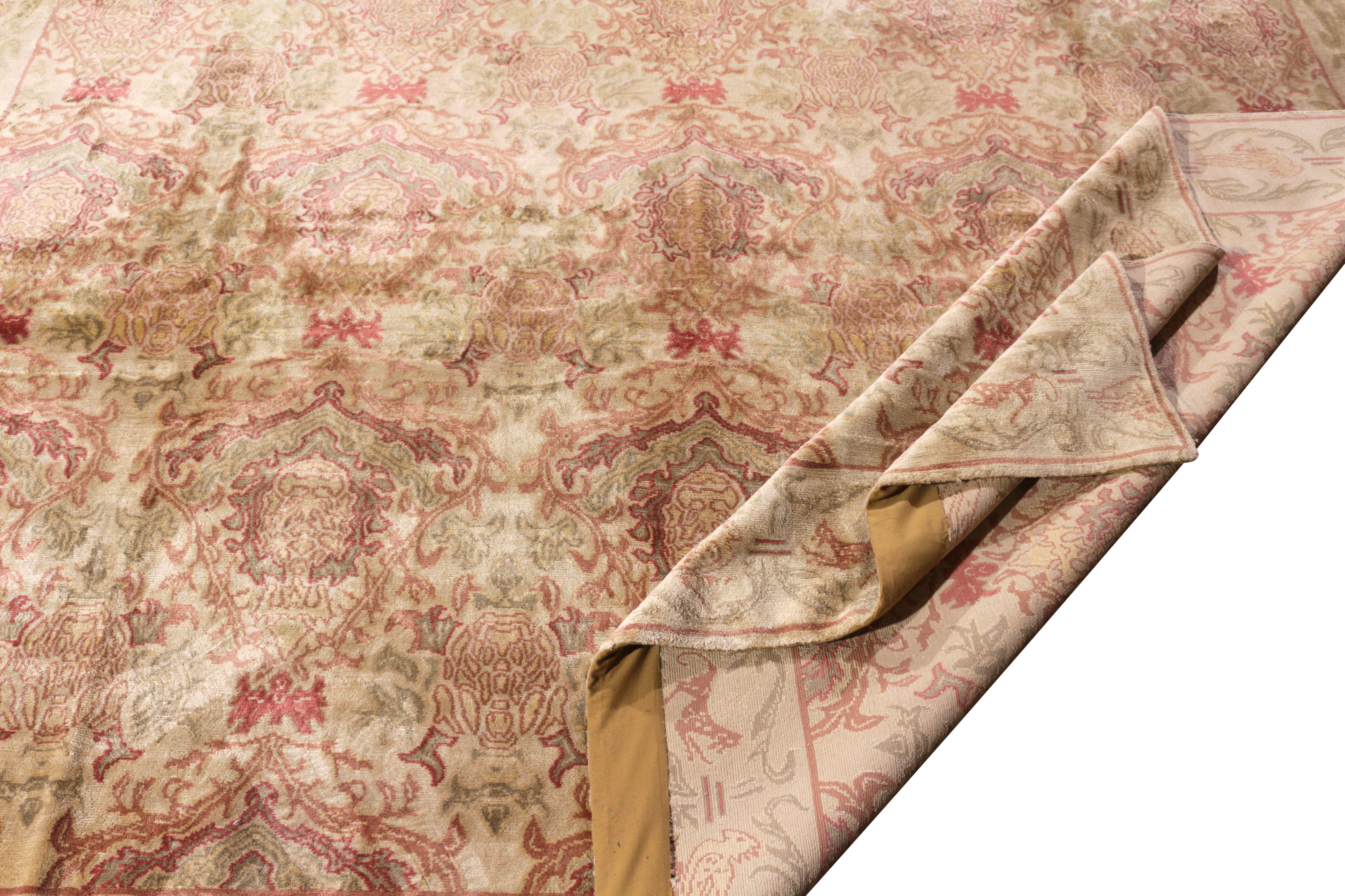 Hand-Knotted Hand Knotted European-Style Rug Beige Pink and Green Silk Floral Pattern