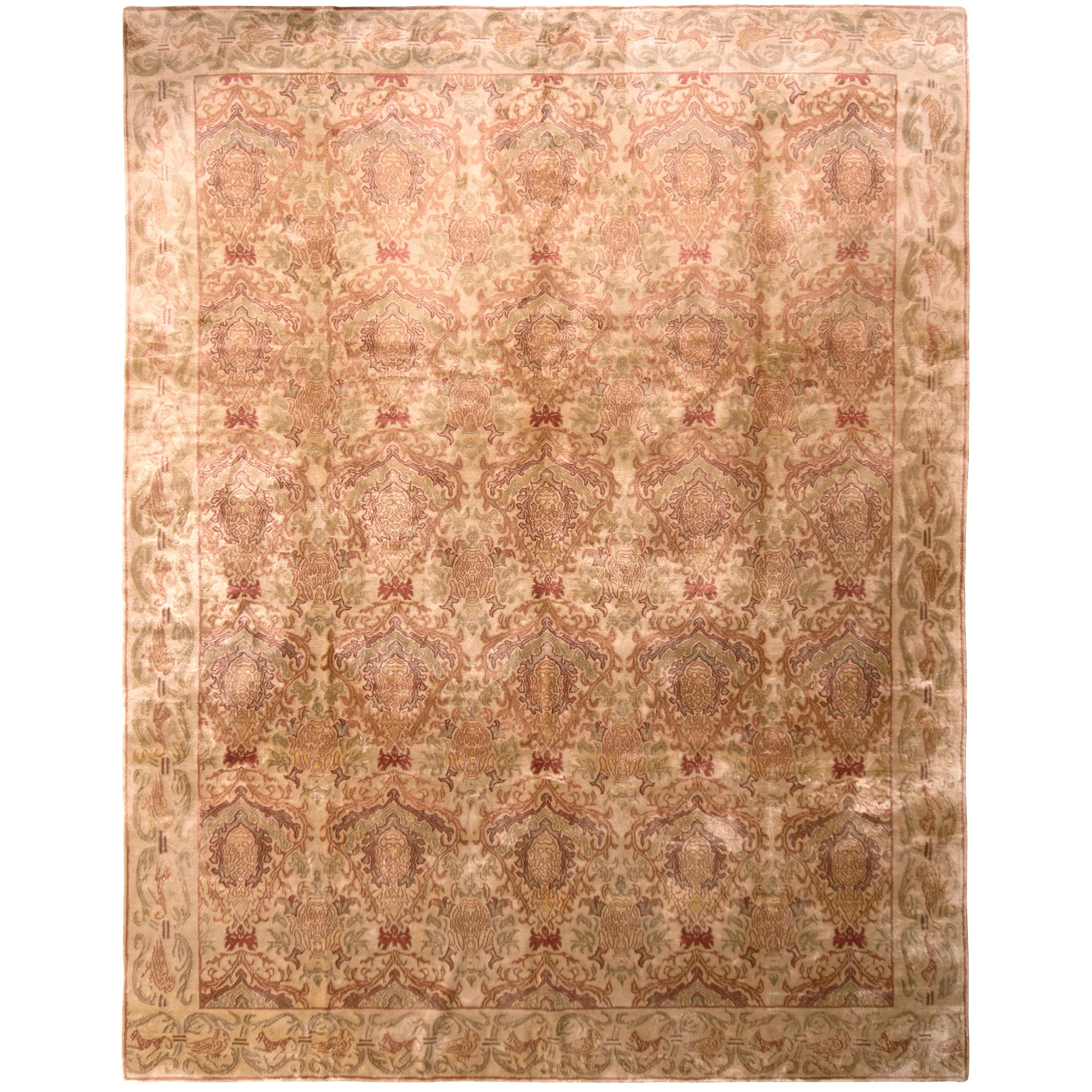 Hand Knotted European-Style Rug Beige Pink and Green Silk Floral Pattern