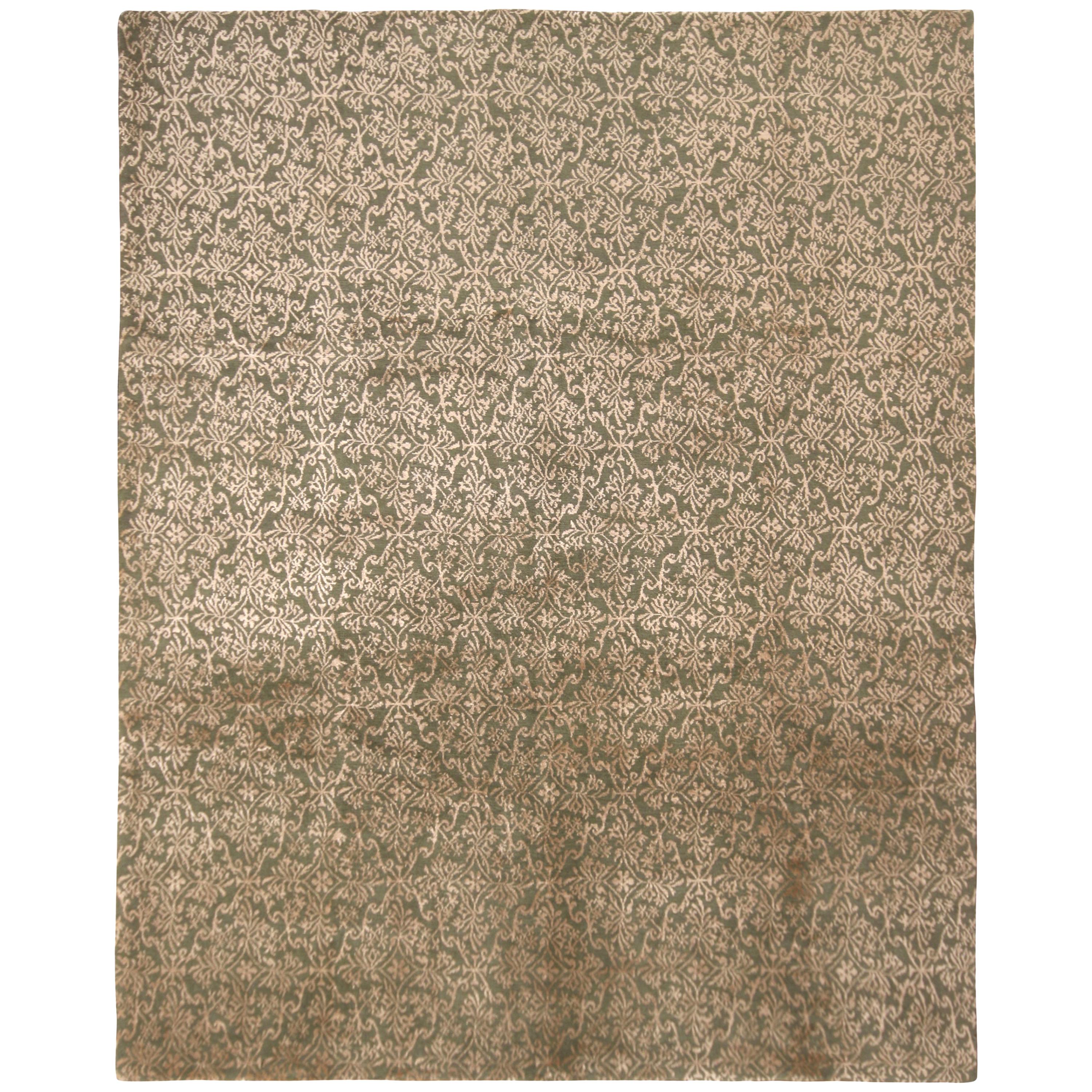 Rug & Kilim's Hand Knotted European Style Rug Green Beige Brown Floral Pattern