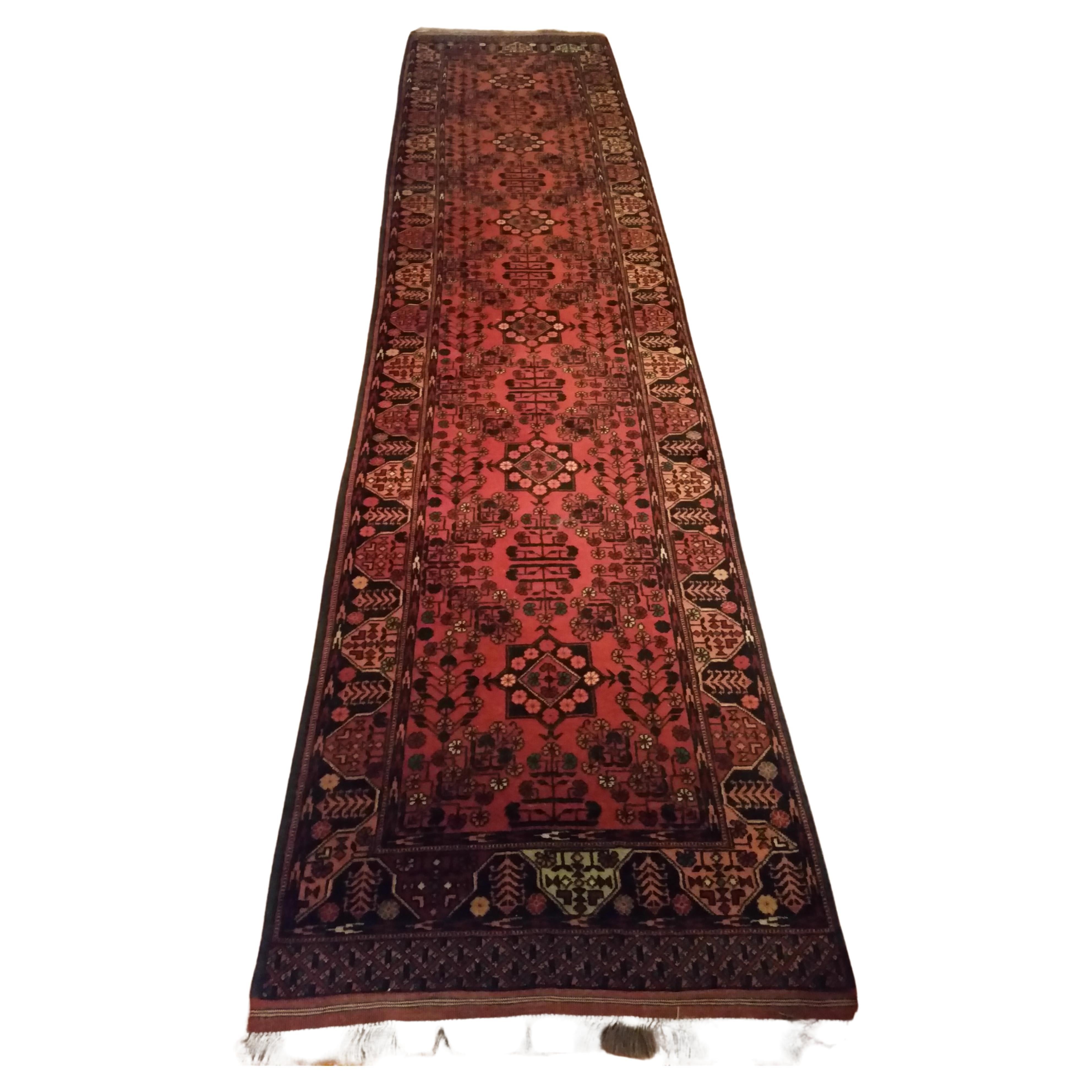Hand-Knotted Extra Long Oriental Runner, Wool and Cotton 'All Over Pattern' For Sale