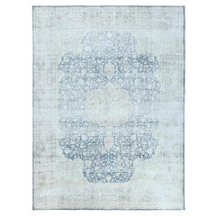 Hand Knotted, Faded Blue, Vintage Persian Kerman, Distressed Look, Worn Wool Rug