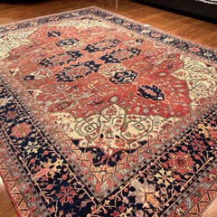 Hand-Knotted Farahan Wool Rug 8'8"x11'9" Rust Red Navy Medallion Design