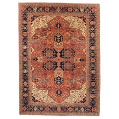 Hand-Knotted Farahan Wool Rug 8'8"x11'9" Rust Red Navy Medallion Design