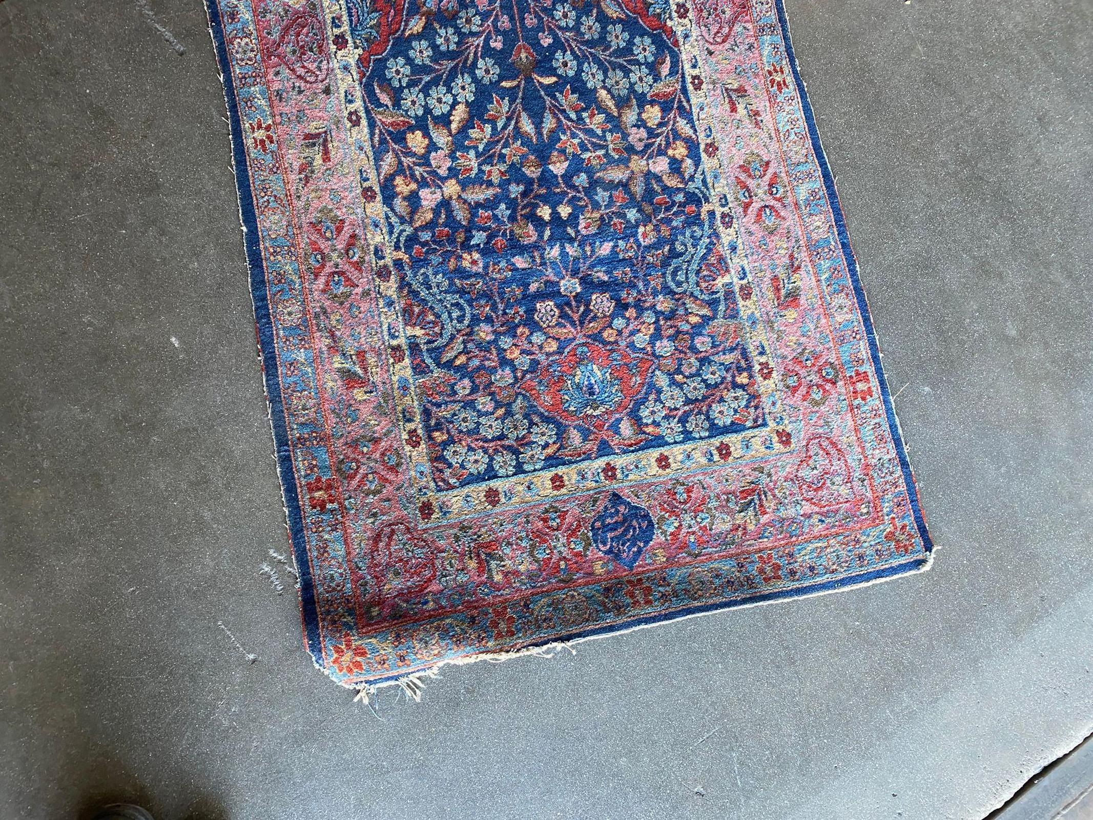 Mid-20th Century Hand Knotted Floral Blue / Red Silk Persian Rug For Sale