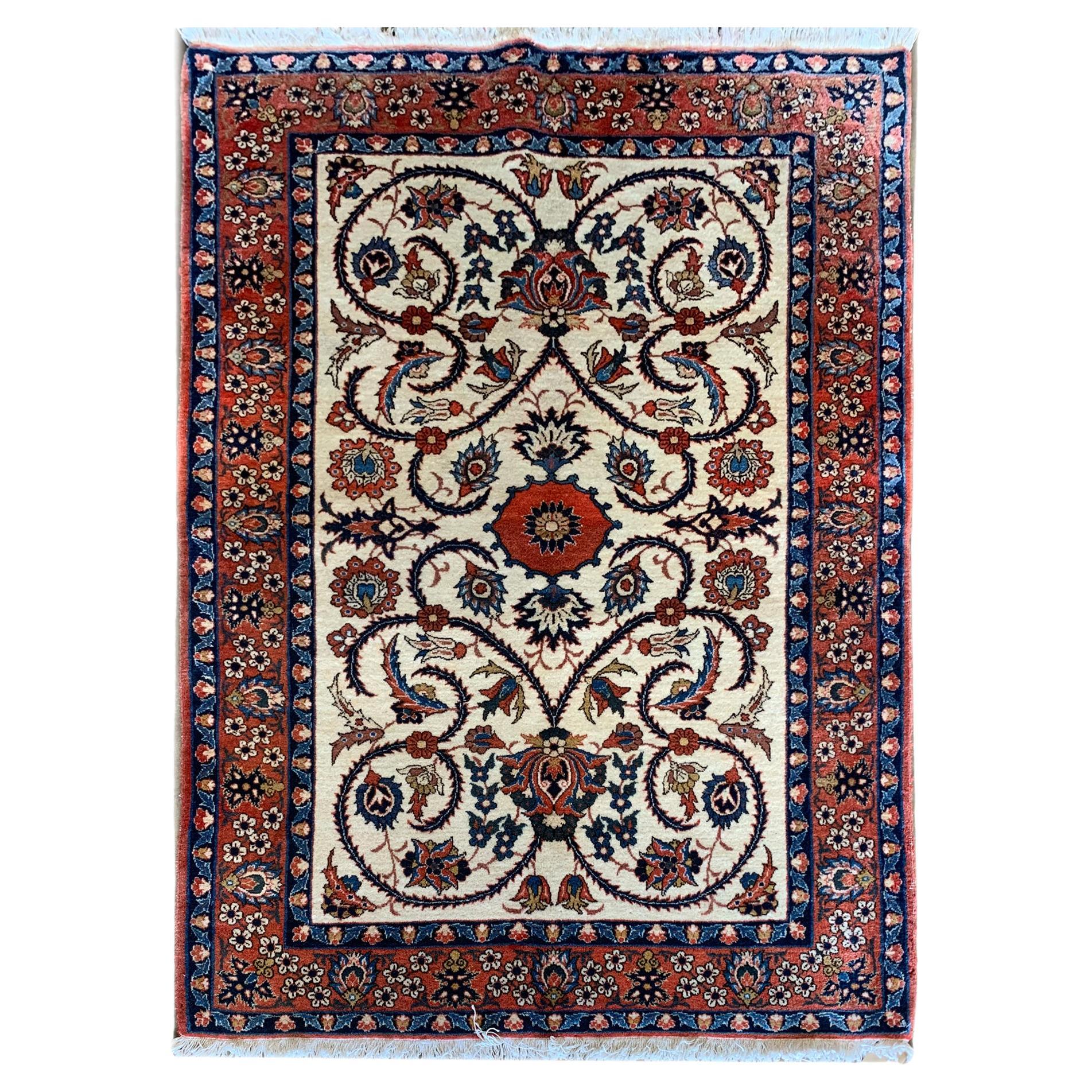 Hand-Knotted Floral Cream Carpet, Ivory Oriental Wool Area Rug For Sale