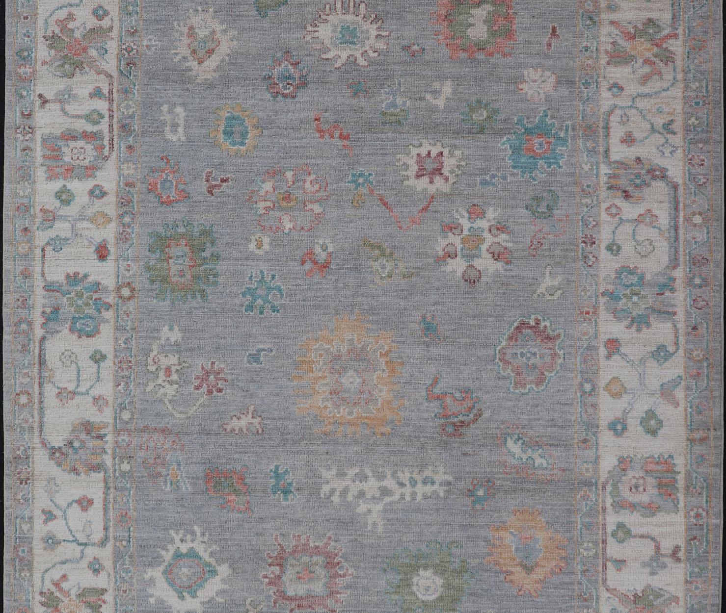 Hand Knotted Floral Modern Oushak With Light Gray Background and Multi-Colors For Sale 1
