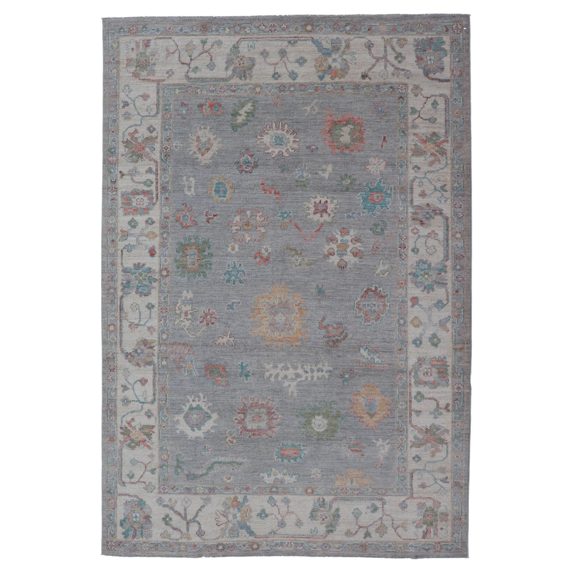 Hand Knotted Floral Modern Oushak With Light Gray Background and Multi-Colors