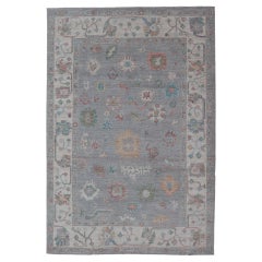 Hand Knotted Floral Modern Oushak With Light Gray Background and Multi-Colors