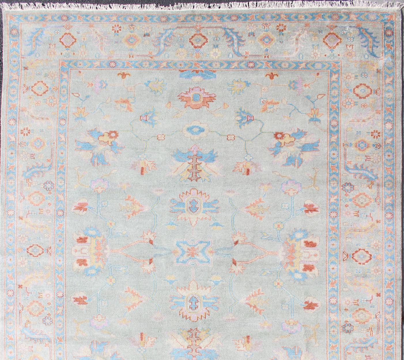 Hand-Knotted Floral Oushak Rug in Light Blue by Keivan Woven Arts For Sale 4