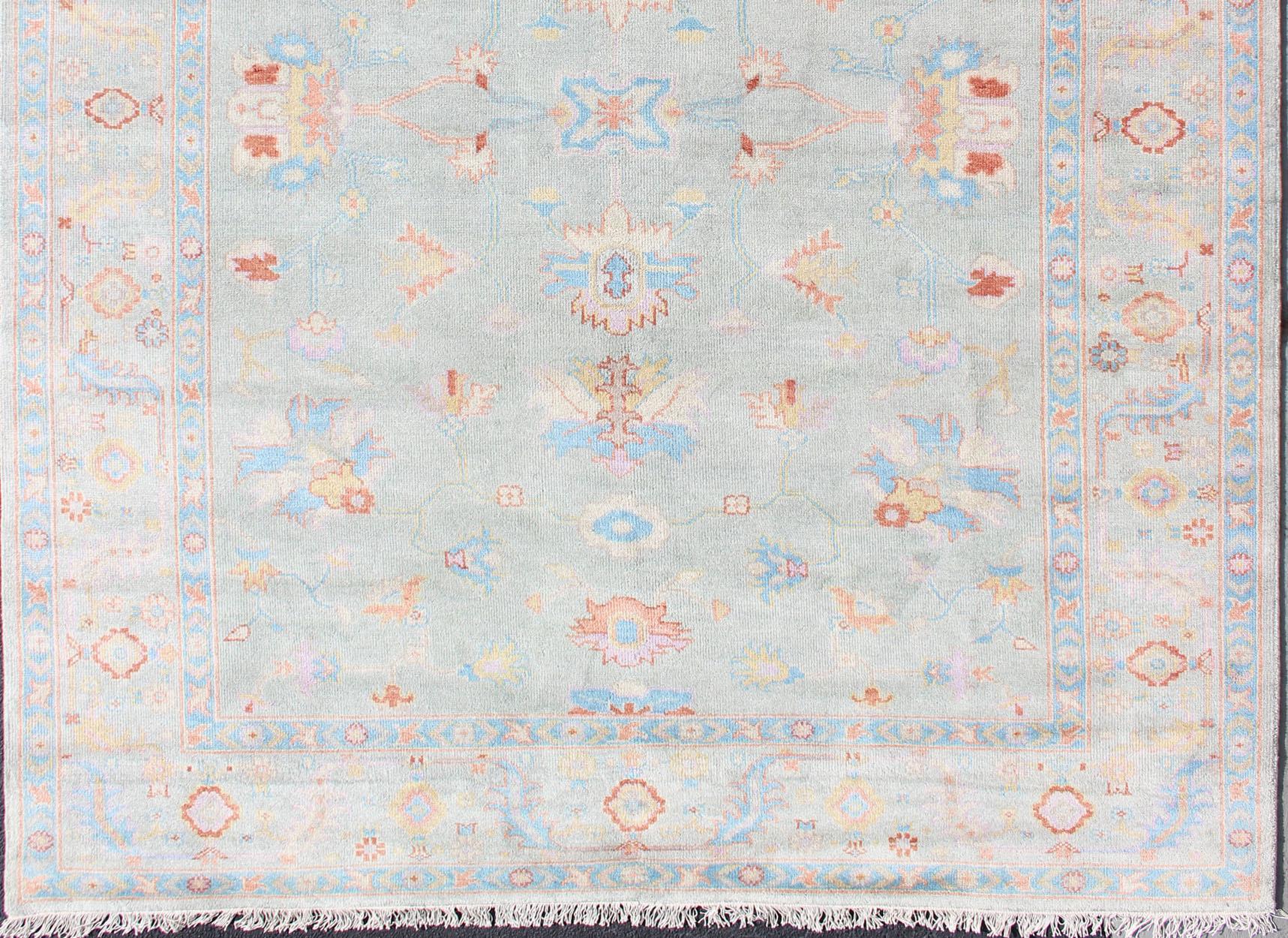 Hand-Knotted Floral Oushak Rug in Light Blue by Keivan Woven Arts For Sale 5
