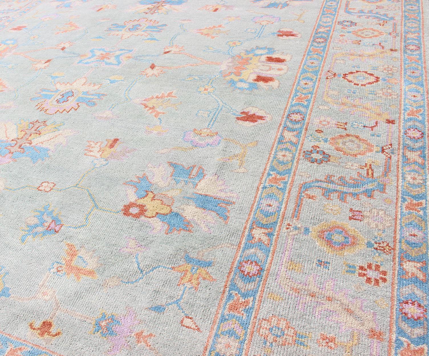 Hand-Knotted Floral Oushak Rug in Light Blue by Keivan Woven Arts For Sale 8