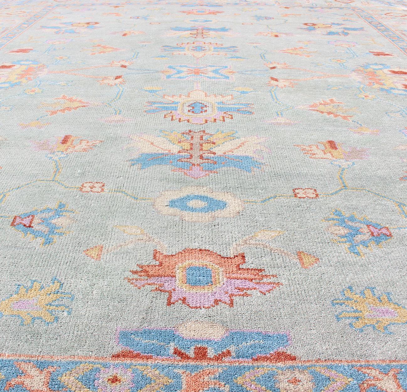 Indian Hand-Knotted Floral Oushak Rug in Light Blue by Keivan Woven Arts For Sale