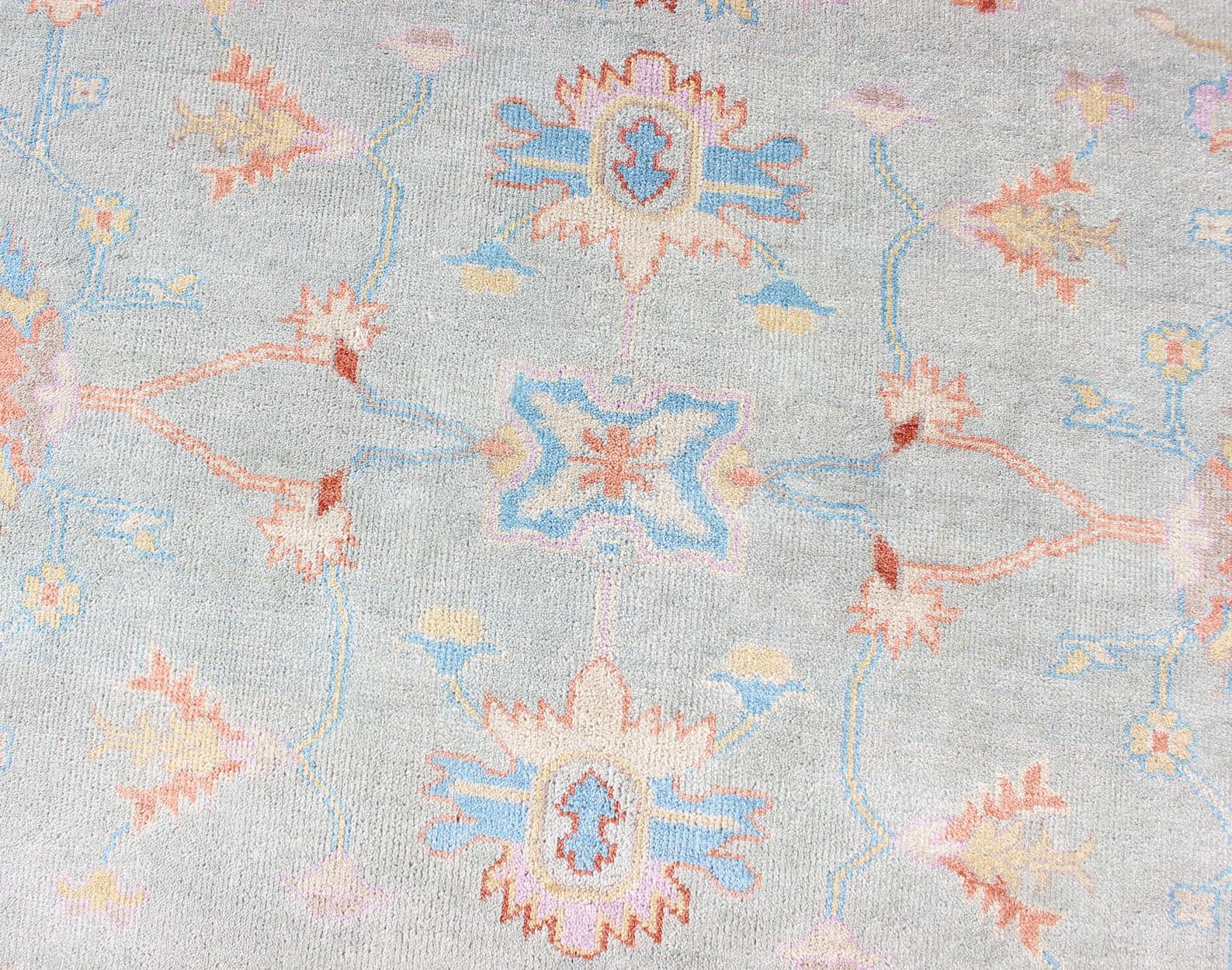 Hand-Knotted Floral Oushak Rug in Light Blue by Keivan Woven Arts In Excellent Condition For Sale In Atlanta, GA