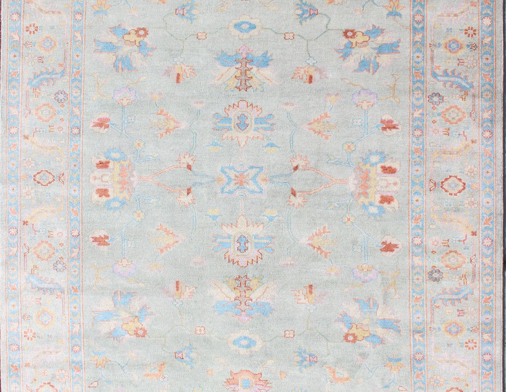 Hand-Knotted Floral Oushak Rug in Light Blue by Keivan Woven Arts For Sale 3