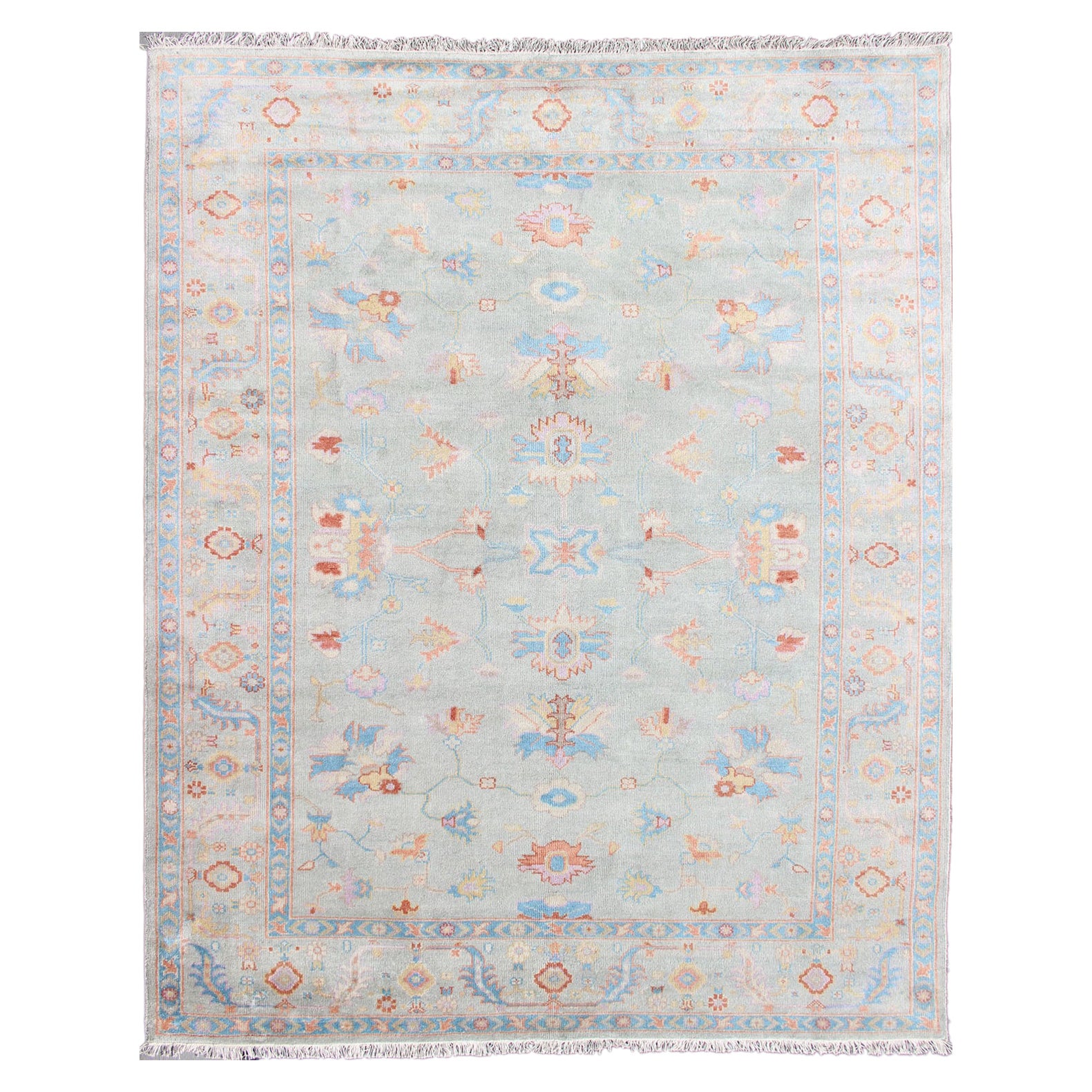 Handgeknüpfter, geblümter Oushak-Teppich in Hellblau von Keivan Woven Arts im Angebot