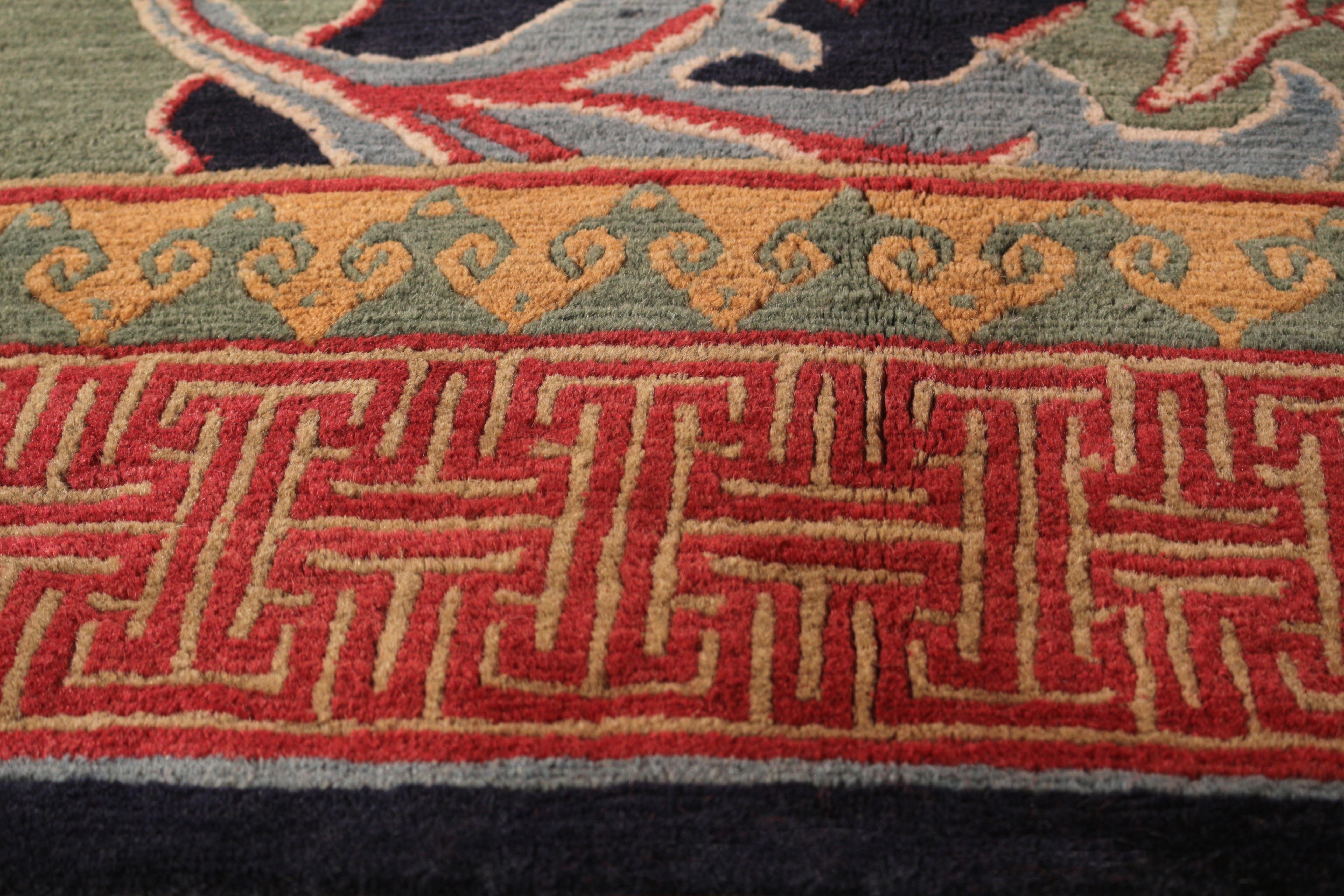 Nepalese Rug & Kilim's Hand Knotted Floral Rug Red Green Pomegranate Pattern Rug