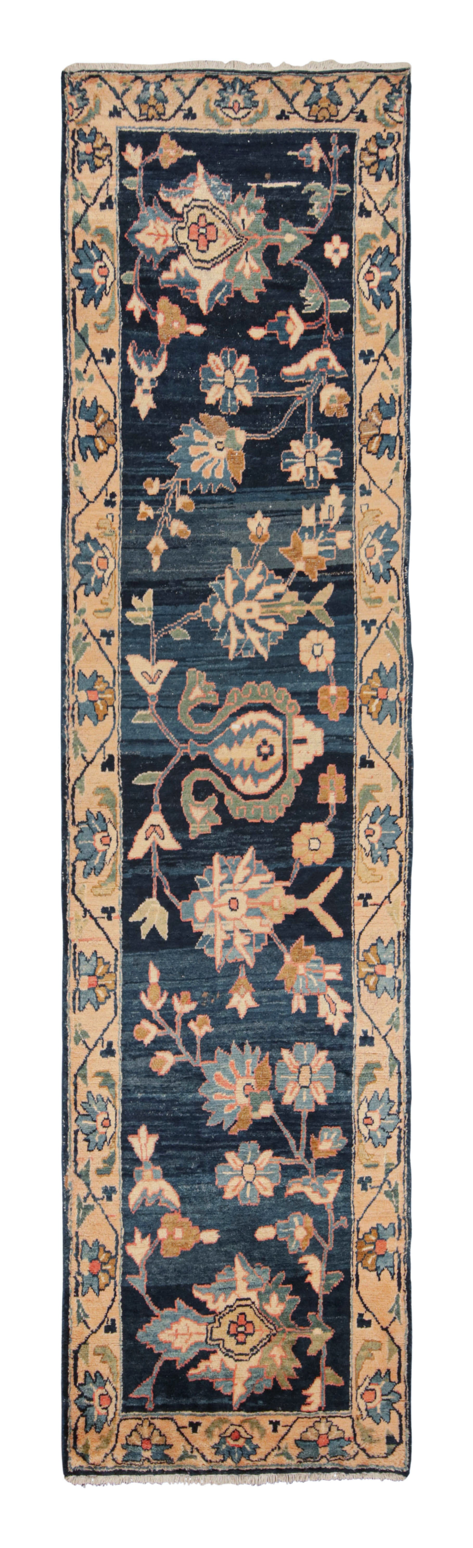 Hand Knotted Floral Vintage Persian Runner in Blue and Yellow by Rug & Kilim For Sale