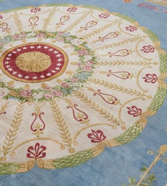 Antique Hand-Knotted Sky-Blue Floral French Savonnerie Rug