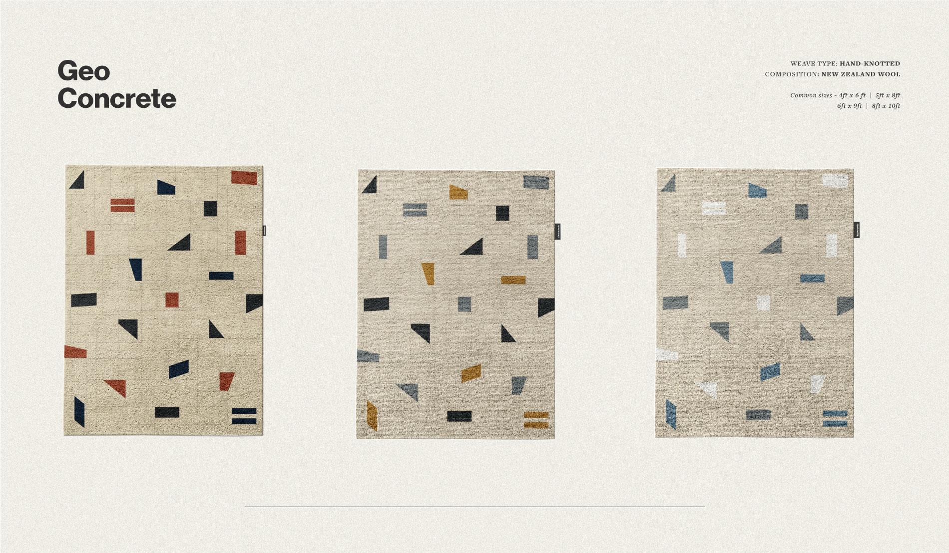 Geometric blocks of colour, on a delicate grid, seated on charred beige. Chaos, choreographed.Geo Concrete rug is Hand Knotted with New Zealand wool, perfect for s minimal and modern living room bedroom or an office space.

Geo Concrete Rug is