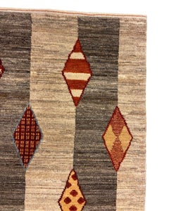 Hand-Knotted Geometric Gray Wool Runner with Tribal Diamond Motifs, 2' x 6'