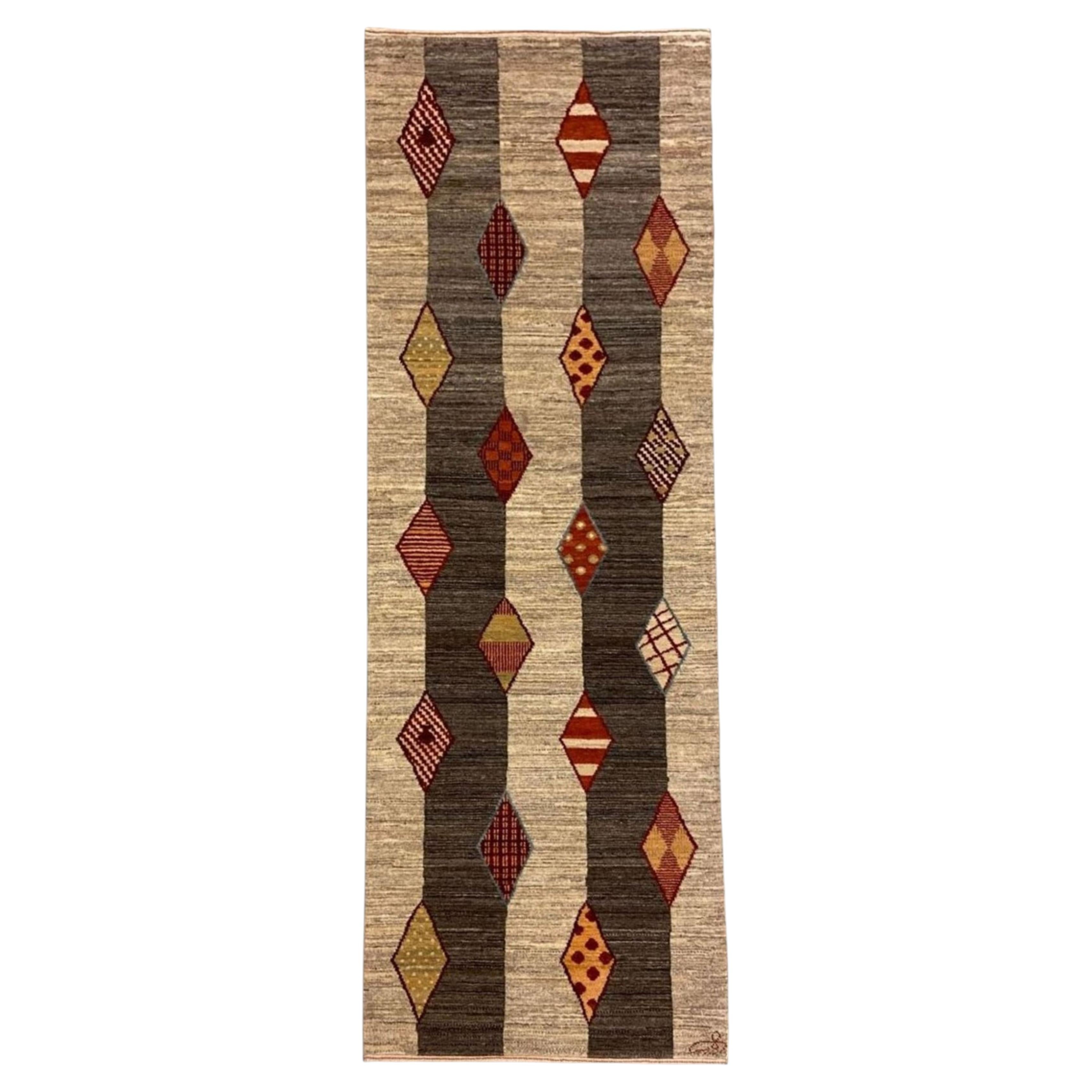 Hand-Knotted Geometric Gray Wool Runner with Tribal Diamond Motifs, 2' x 6' For Sale