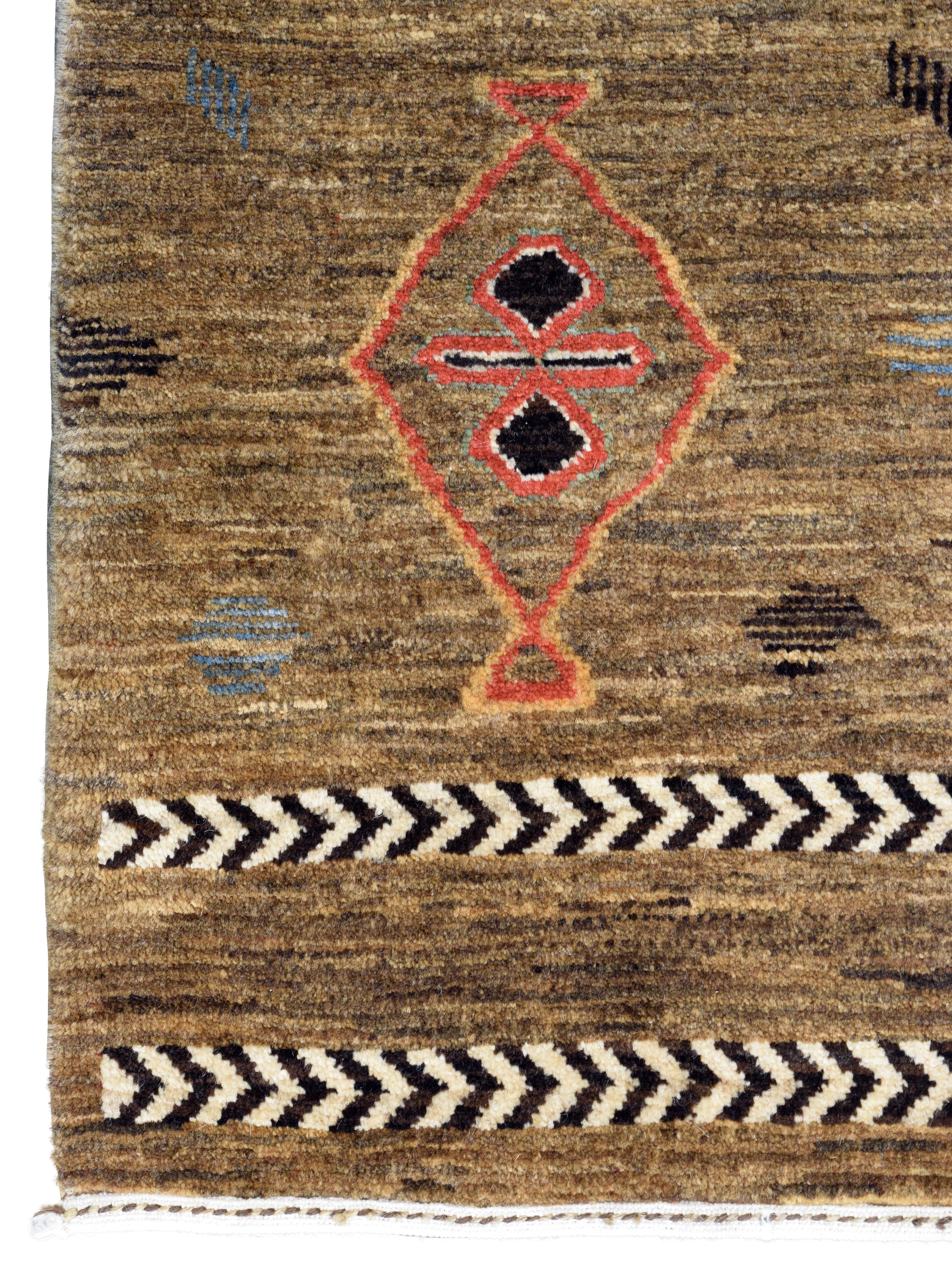 Tintura vegetale Tappeto Geometrico Tribale in Lana, Marrone, Ruggine e Indaco, 4' x 6', Annodato a mano in vendita