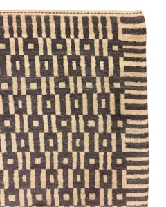 Hand-Knotted Geometric Wool Rug, Art Deco Inspired, Gray and Ivory, 4x6