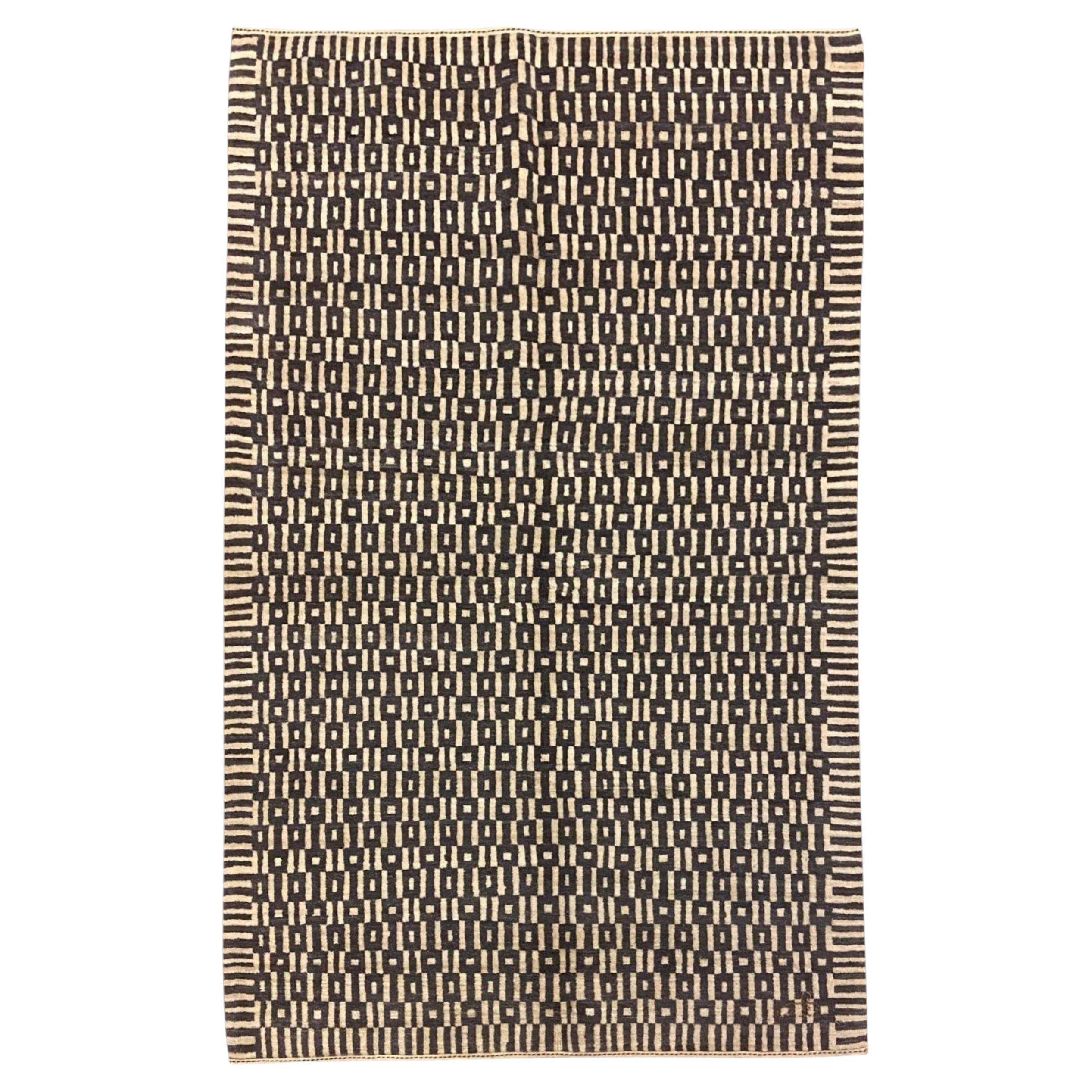 Hand-Knotted Geometric Wool Rug, Art Deco Inspired, Gray and Ivory, 4x6 For Sale