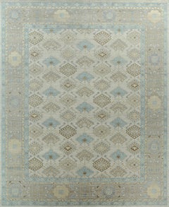 Hand-Knotted Geometric Wool Rug in Beige, Sand and Sky Blue