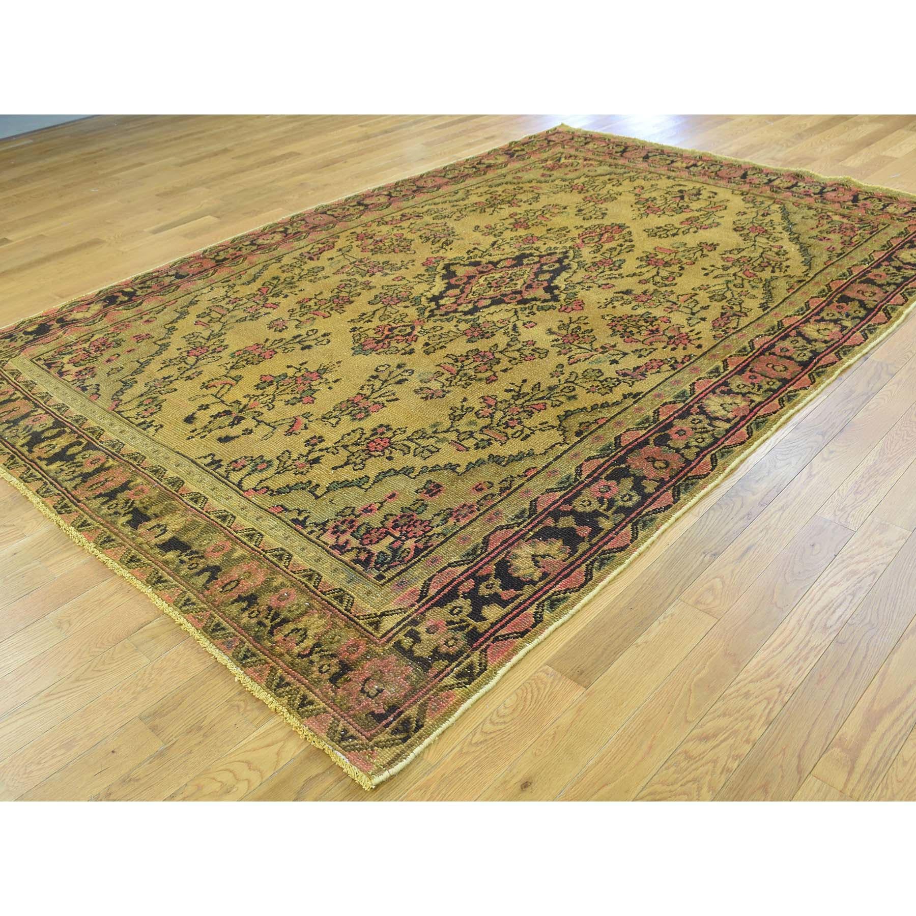Medieval Hand Knotted Gold Cast Overdyed Persian Bibikabad Vintage Worn Down Wool Rug