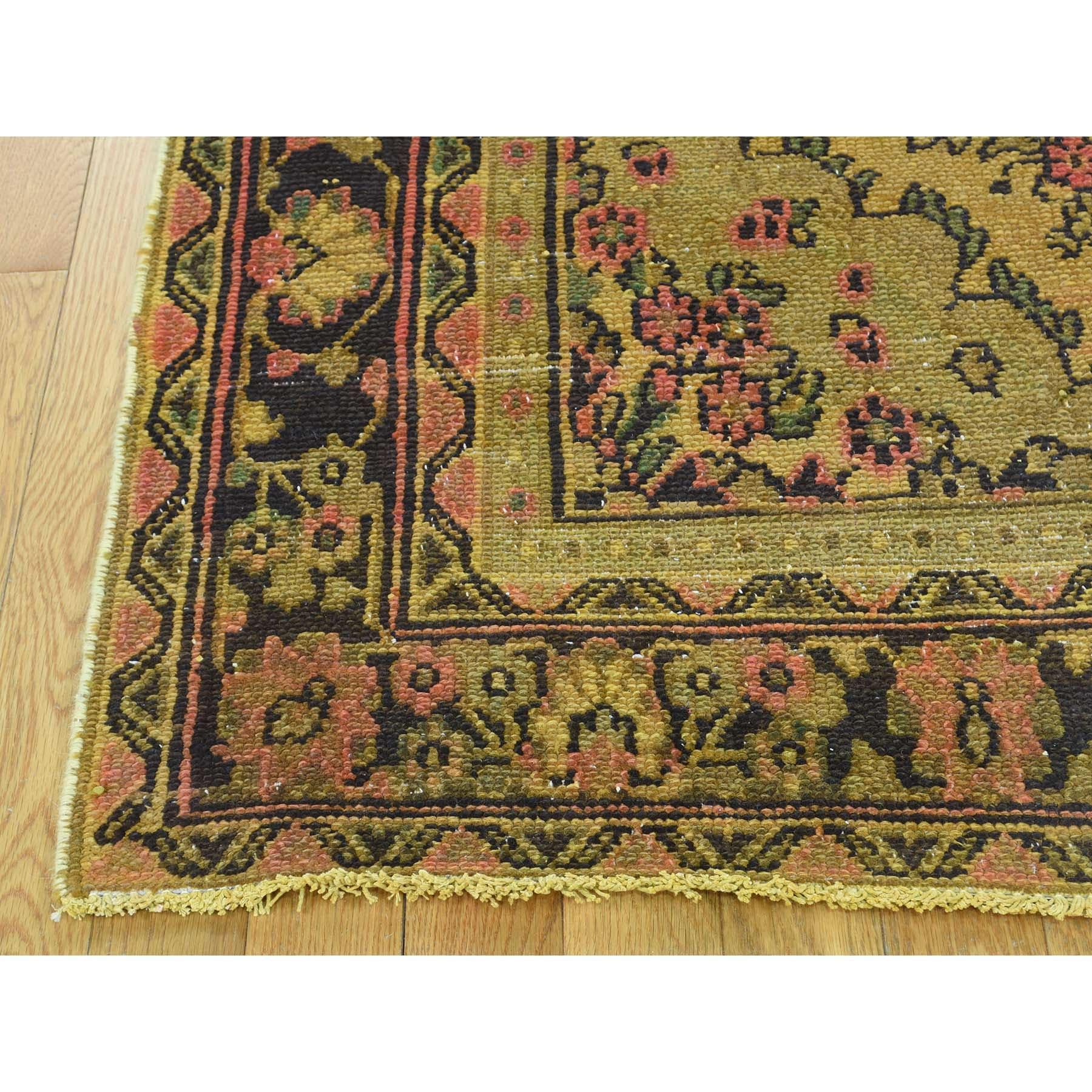 Hand Knotted Gold Cast Overdyed Persian Bibikabad Vintage Worn Down Wool Rug In Good Condition In Carlstadt, NJ