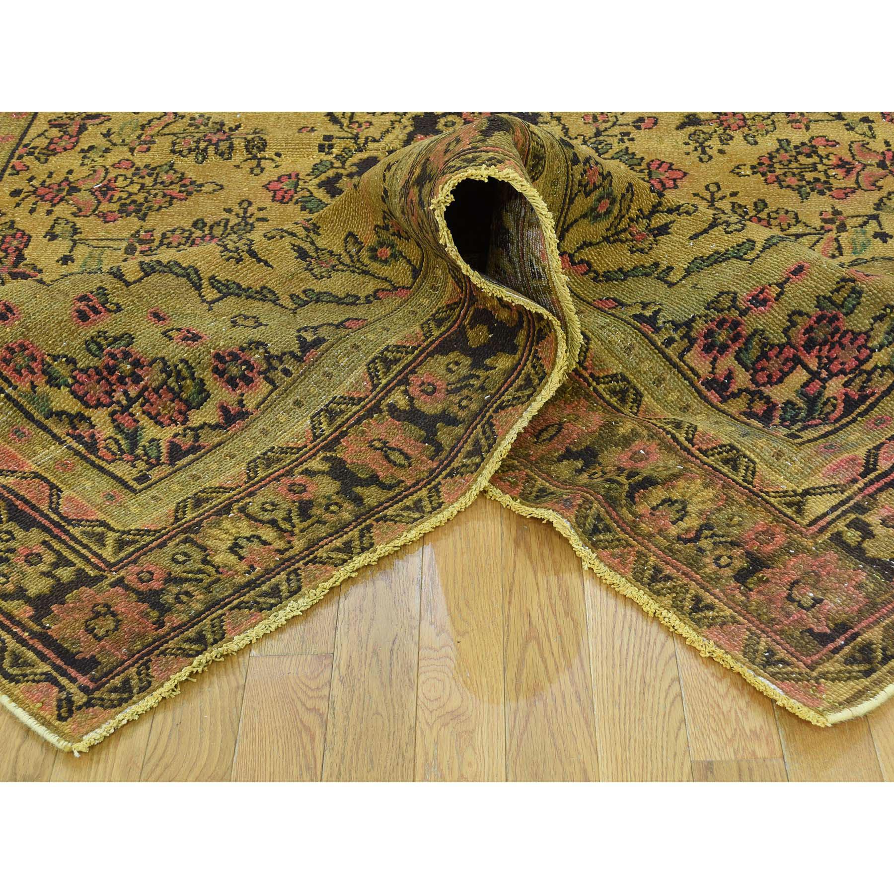 Mid-20th Century Hand Knotted Gold Cast Overdyed Persian Bibikabad Vintage Worn Down Wool Rug