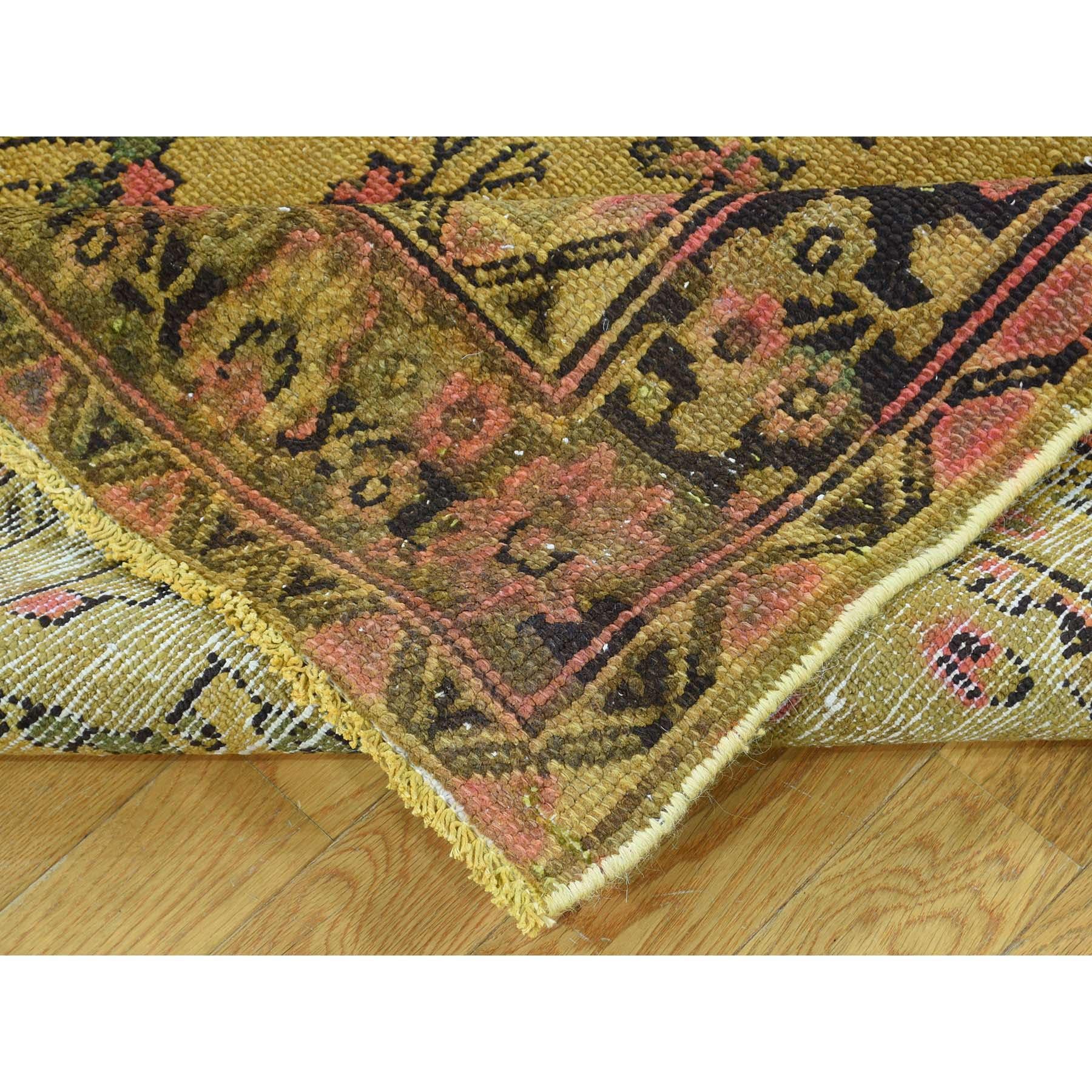 Hand Knotted Gold Cast Overdyed Persian Bibikabad Vintage Worn Down Wool Rug 1