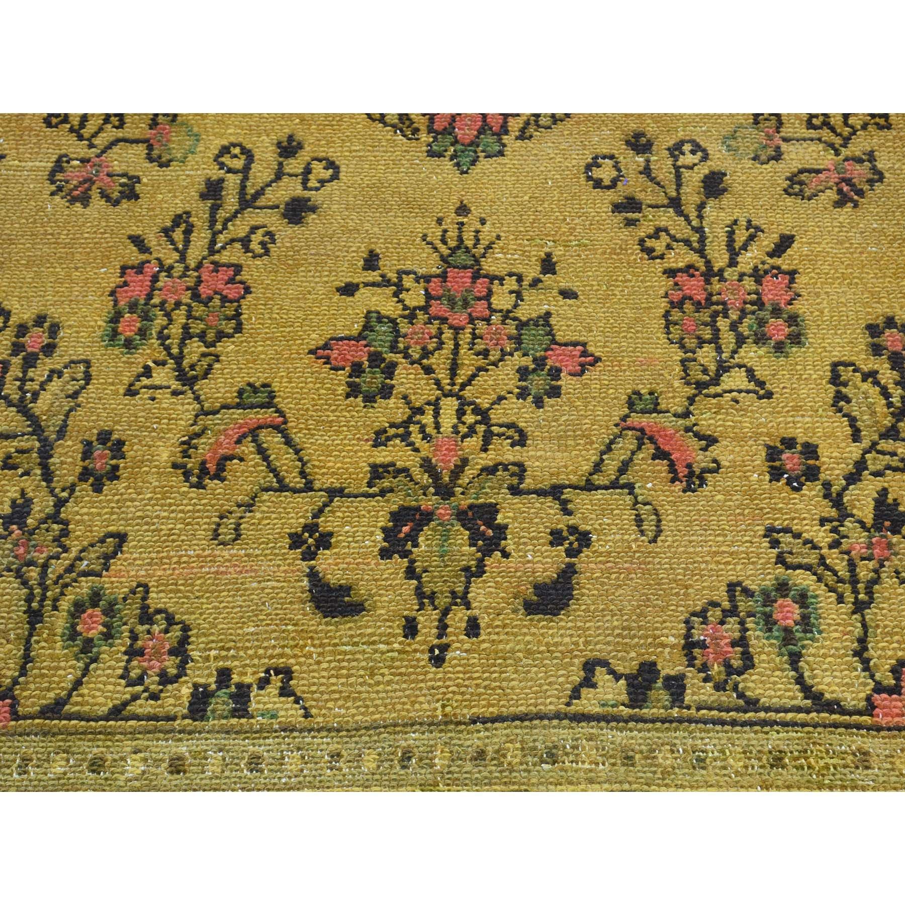 Hand Knotted Gold Cast Overdyed Persian Bibikabad Vintage Worn Down Wool Rug 2