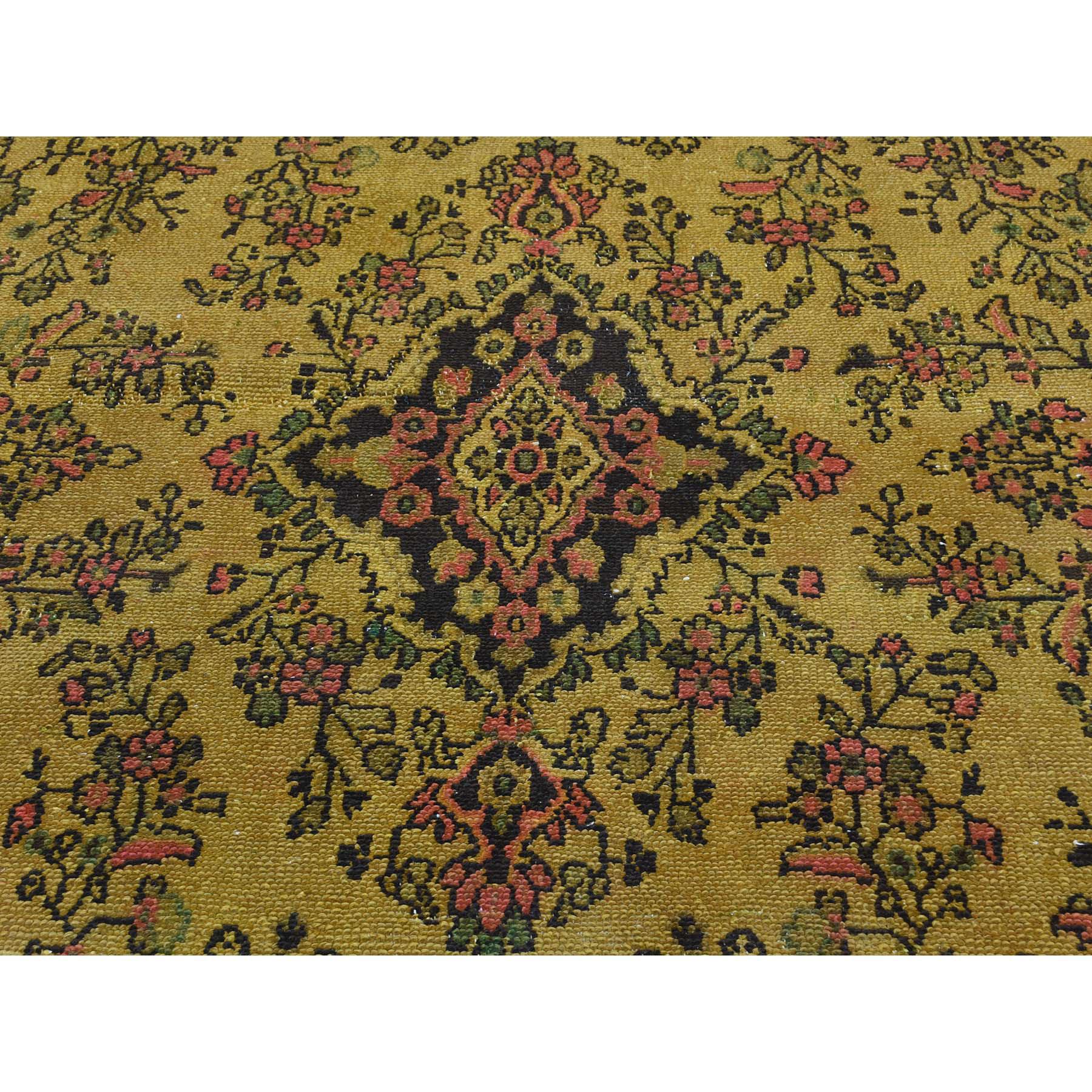 Hand Knotted Gold Cast Overdyed Persian Bibikabad Vintage Worn Down Wool Rug 3