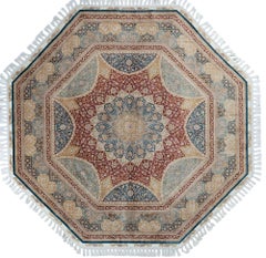 Handgeknüpfter Gonbad-Teppich aus reiner Seide, 7'2", achteckig, rot-blau-goldenes Medaillon