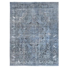 Hand Knotted Gray Vintage Overdyed Persian Tabriz Distressed Shaved Down Rug
