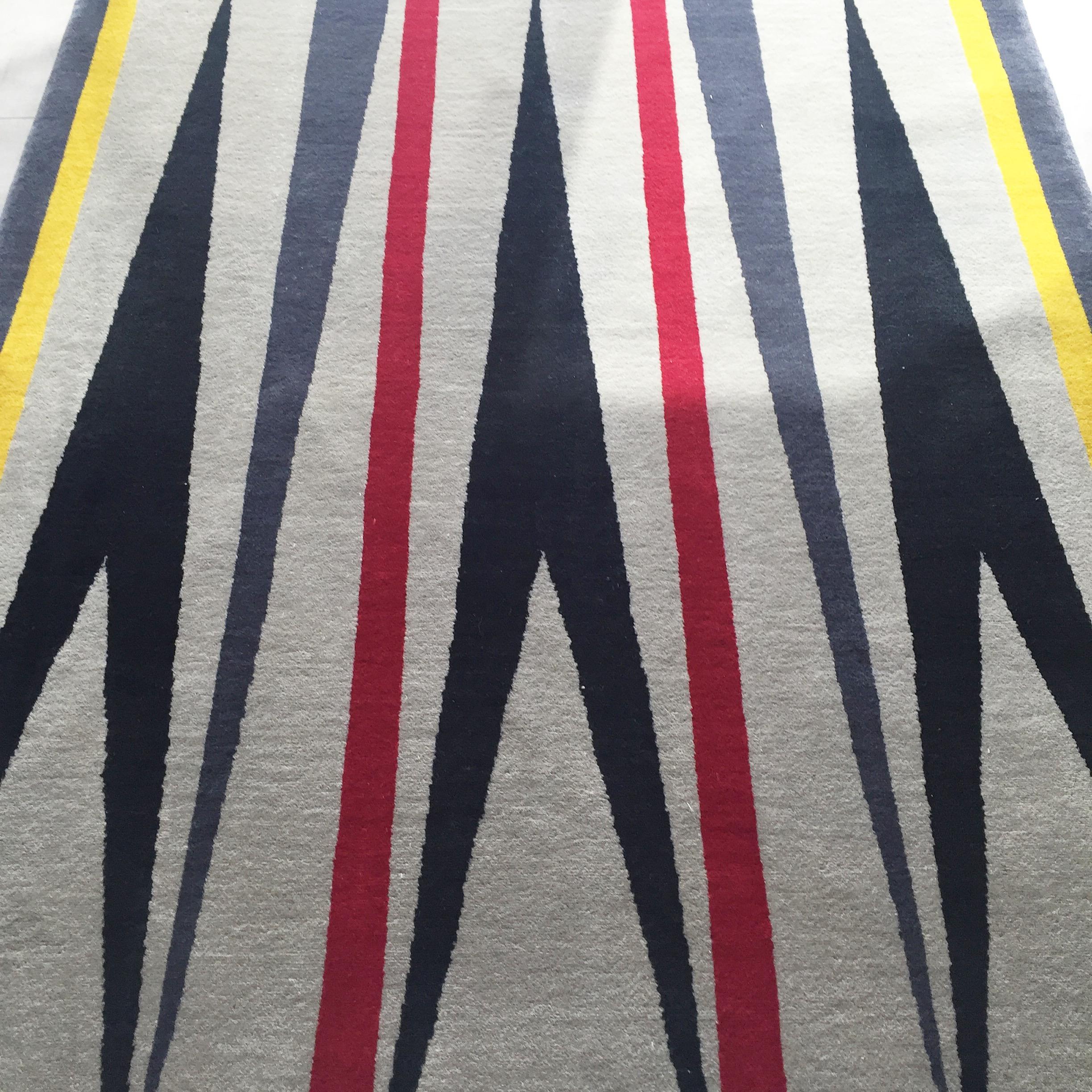 Moderne  Tapis - Modernity Geometric Grey Black Wool w/ Red Yellow Patterns Wool Carpet (tapis de laine)
