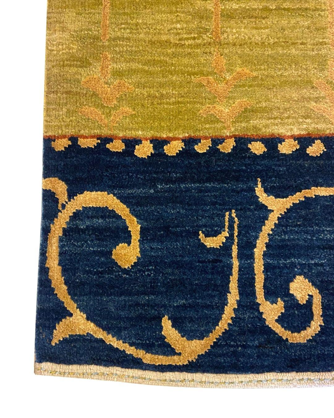 Art nouveau Tapis en laine noué à la main, vert, bleu et or, inspiré de l'Art Nouveau, 2x3 en vente