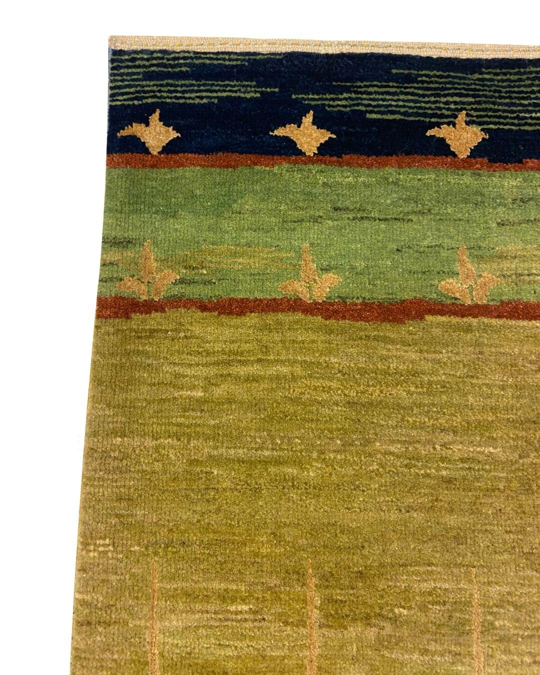 Teinture végétale Tapis en laine noué à la main, vert, bleu et or, inspiré de l'Art Nouveau, 2x3 en vente