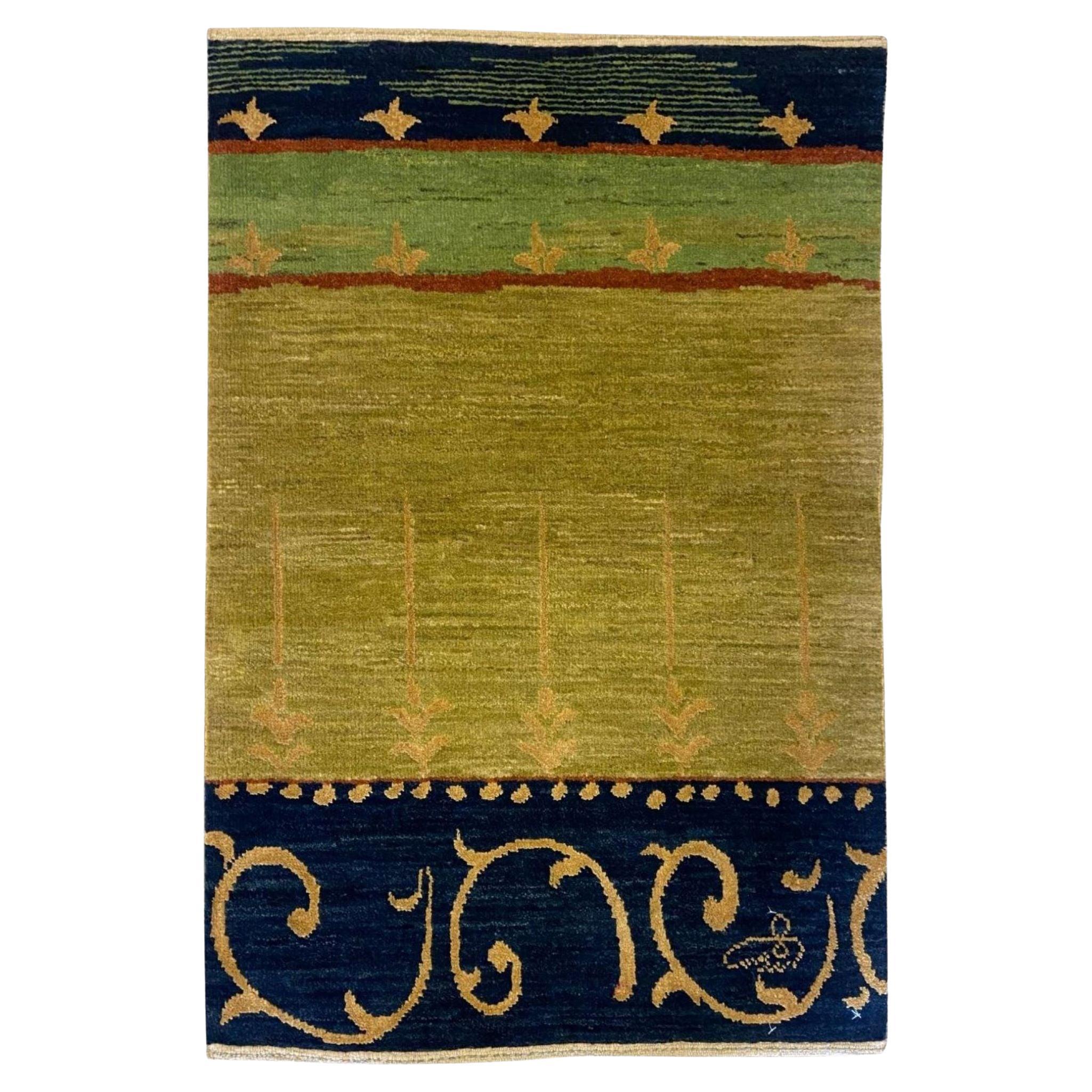 Hand-Knotted Green, Blue, and Gold Art Nouveau-Inspired Wool Rug, 2x3