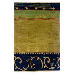 Hand-Knotted Green, Blue, and Gold Art Nouveau-Inspired Wool Rug, 2x3