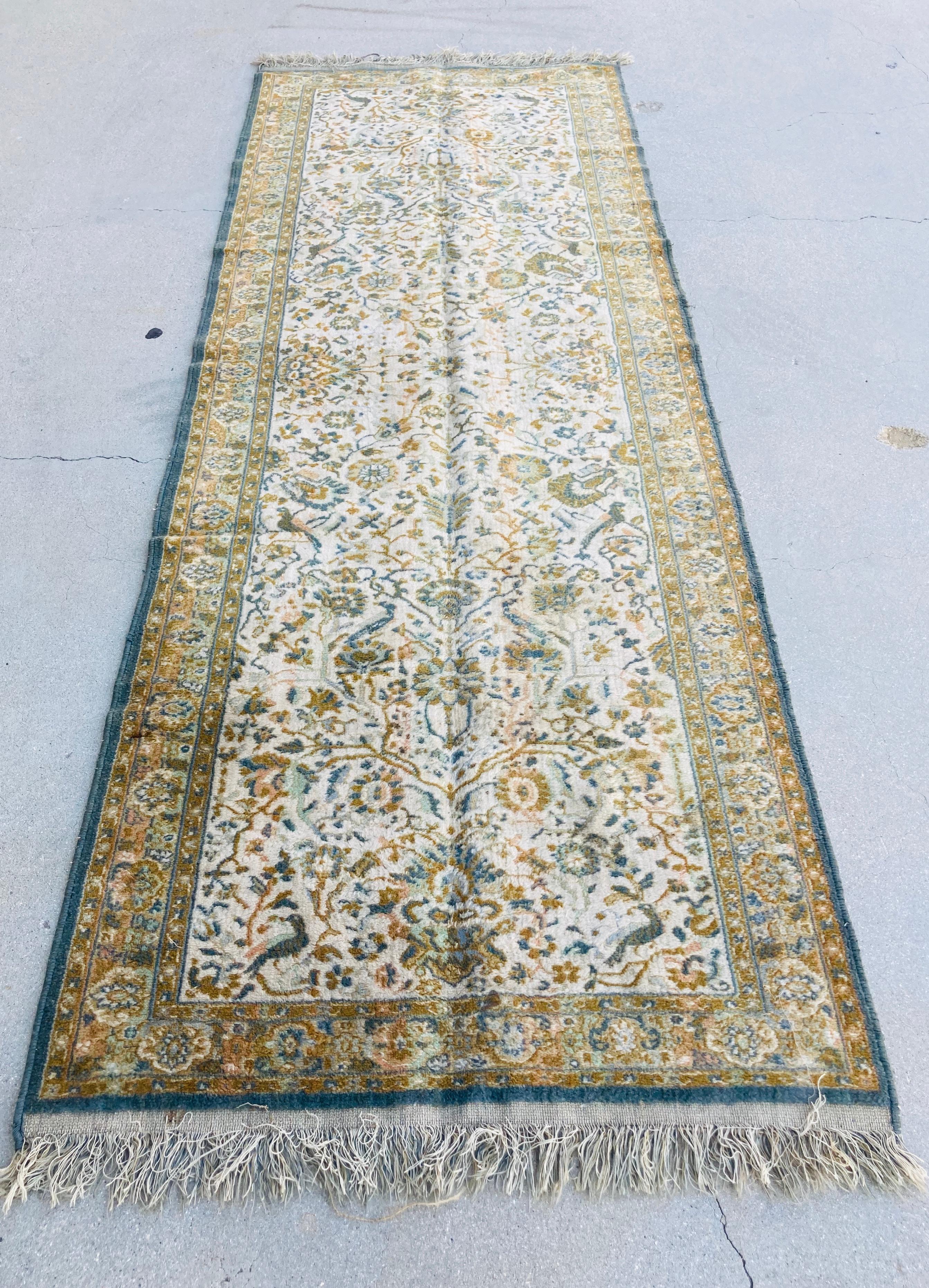 Vintage hand knotted rug runner from Eastern Turkey,
Middle Eastern Asian carpet, circa 1960.
Size: 3ft 9 in x 6ft 5in. 
Traditional Turkish floral and geometric designs and colors in washed out green.