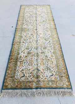 Vintage Hand-Knotted Wool Runner, Turkish Floral Design, Green, 1960